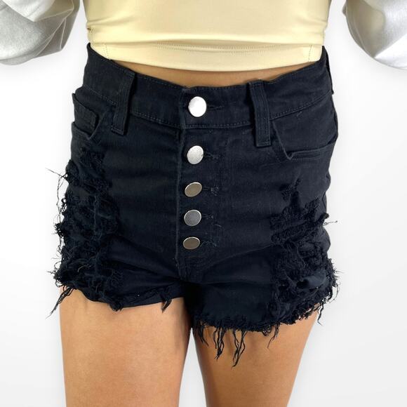 APHRODITE Black Raw Hem High Rise Button Fly Stretch Shorts - Picture 3 of 6